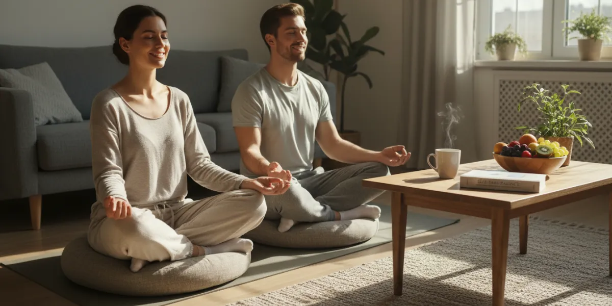 photo réaliste montrant deux amies ou un couple assis calmement sur des coussins ou des tapis de yog