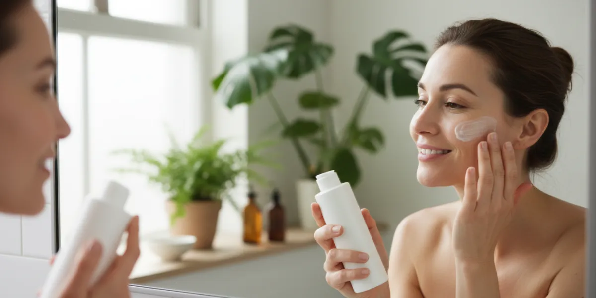 A photo of a happy woman in her 30s in a bright, modern bathroom, applying a gentle milky face clean