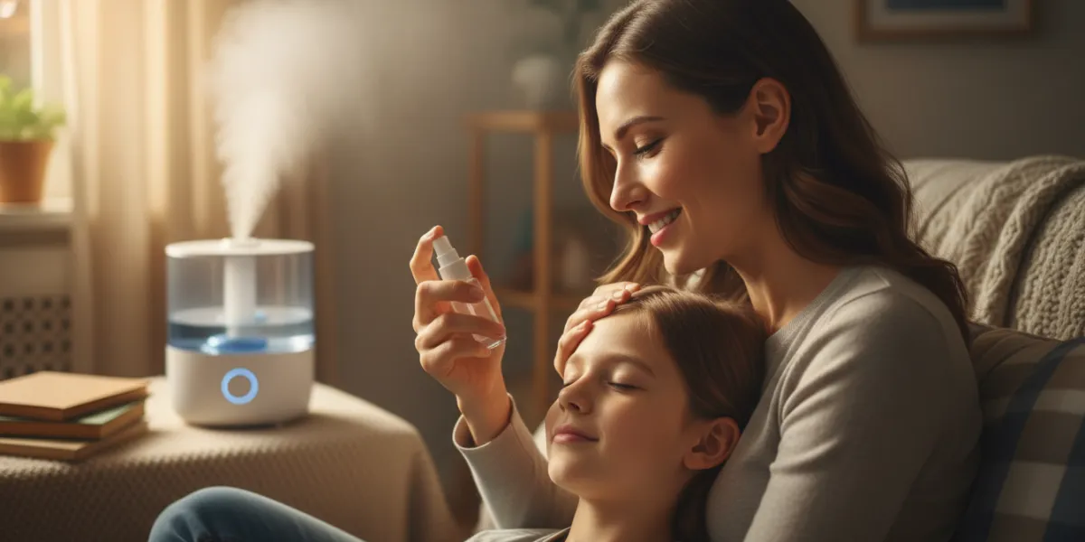 Illustration photographique, hyper-réaliste et chaleureuse. Scène d'intérieur familiale où une mère,