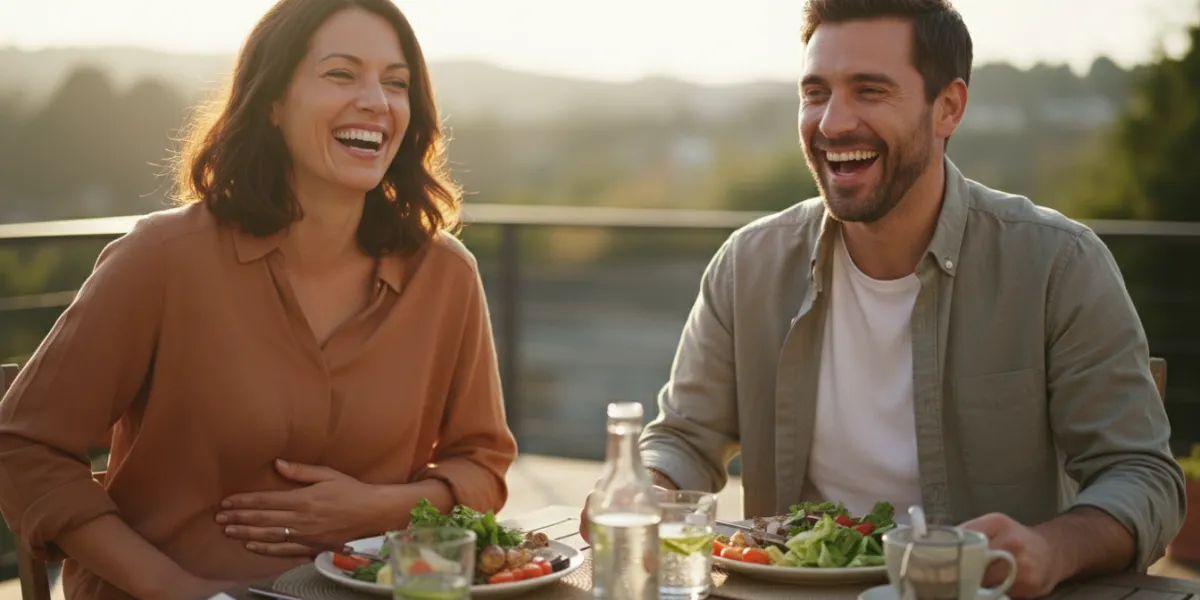 Une femme d'une trentaine d'années et un homme partagent un repas sain en terrasse, ils rient et sem