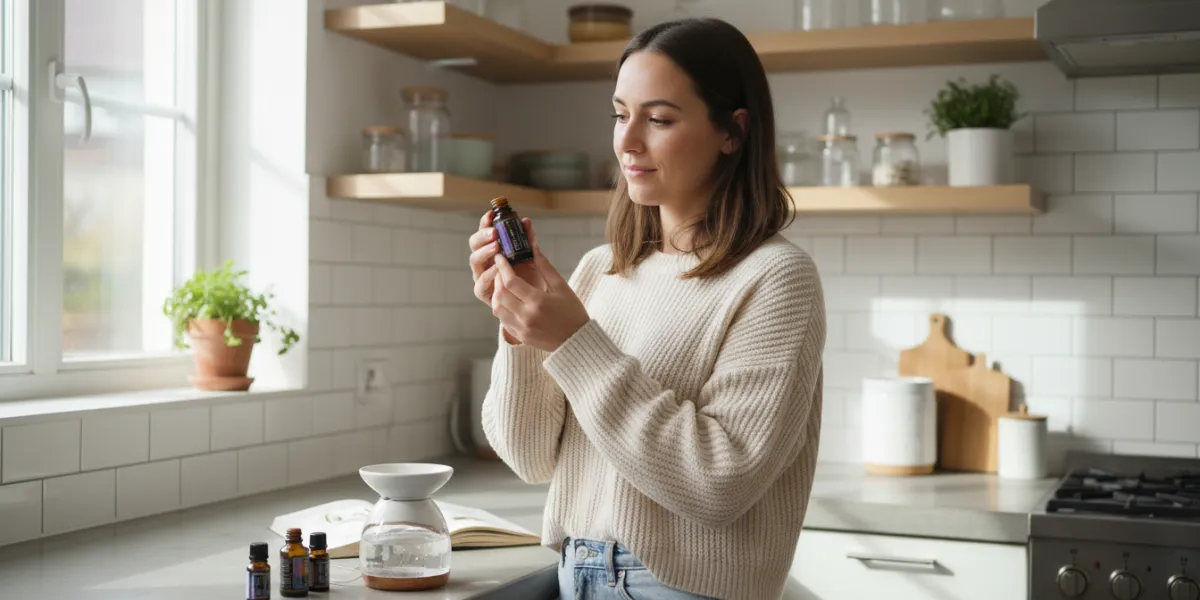 Une jeune femme dans sa cuisine lumineuse, le matin, prépare un diffuseur d'huiles essentielles. Ell