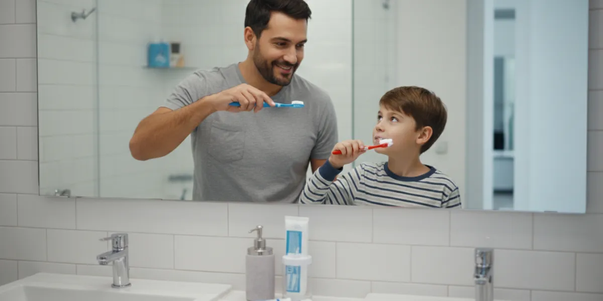 un papa et son fils de 11 ans. Ils sont tous les deux en train de se brosser les dents dans la salle