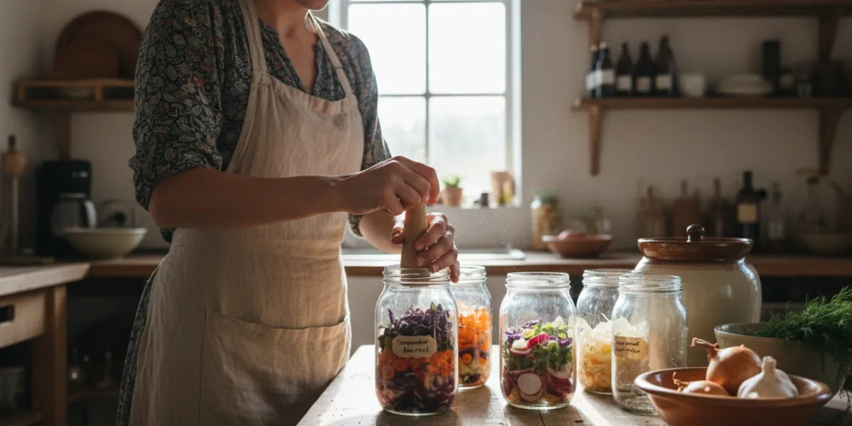 une femme dans une cuisine en train de préparer un bocal de légumes fermentés