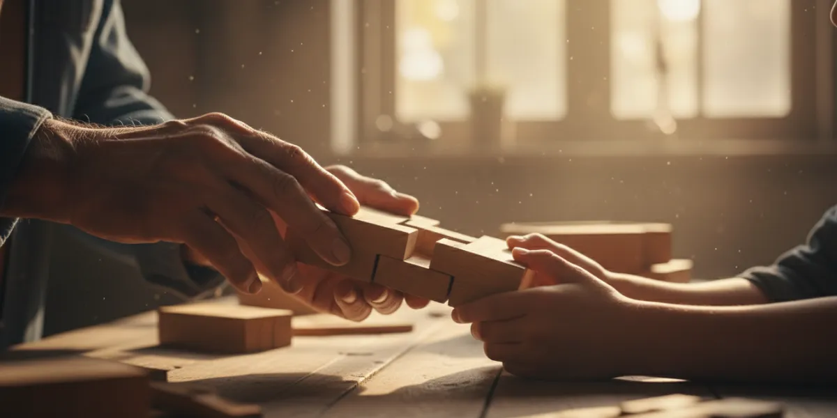 Plan rapproché sur deux paires de mains – celles d'un aîné et celles d'un enfant – joignant délicate