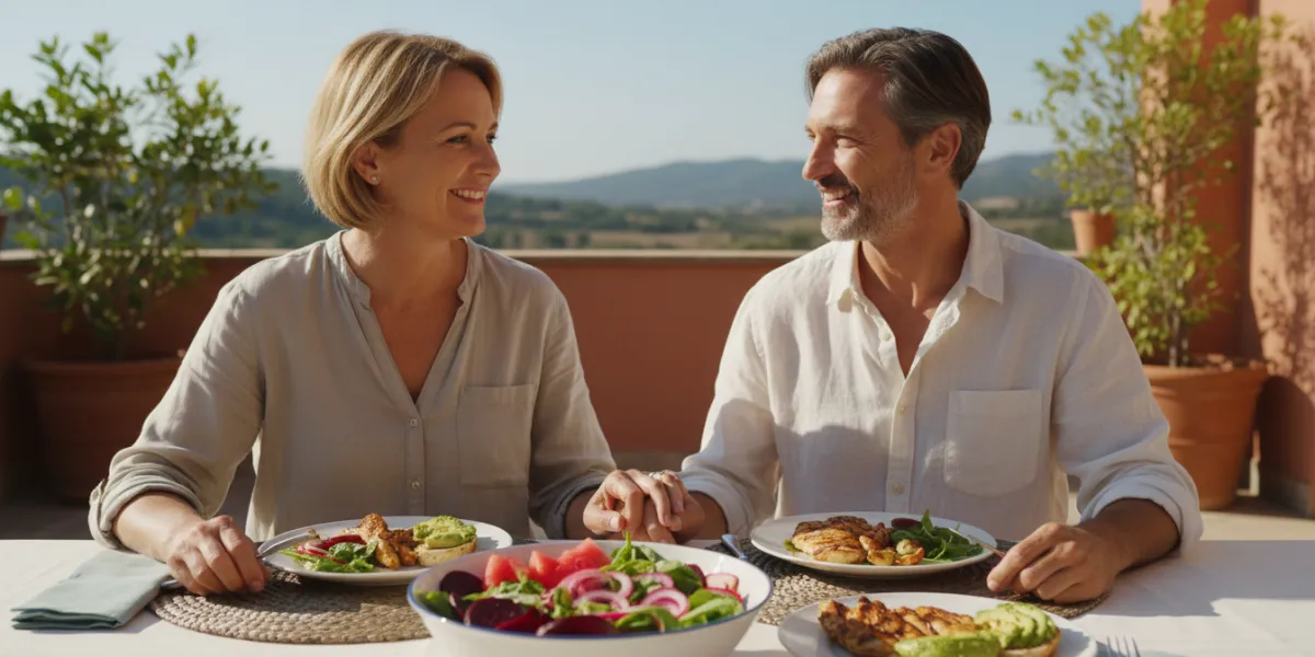 Un couple d'âge moyen, rayonnant de santé et de complicité, partage un déjeuner intime sur une terra