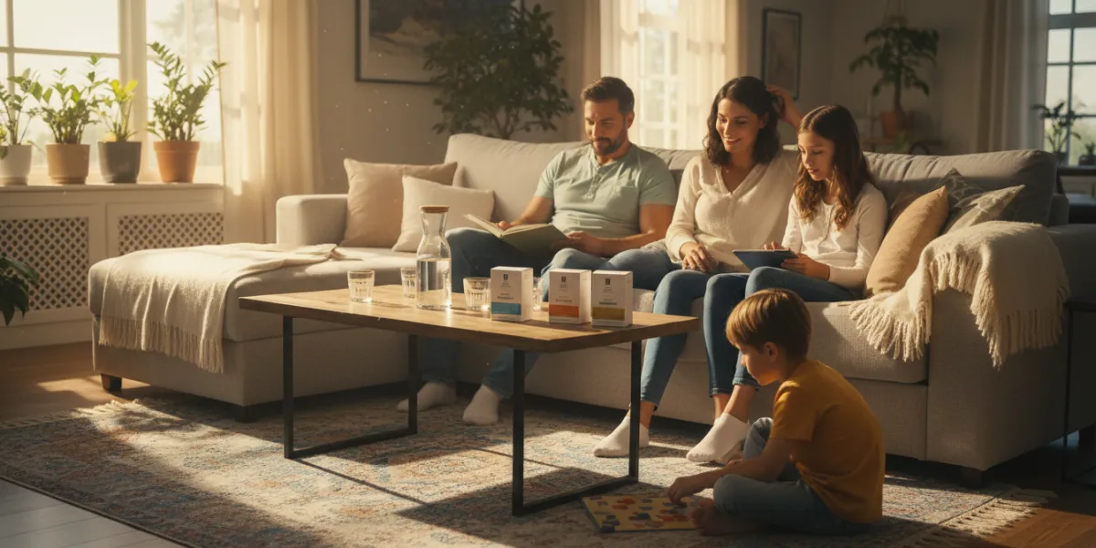 une famille dans le salon, sur la table basse une carafe d'eau et des verres ainsi que trois boîtes 
