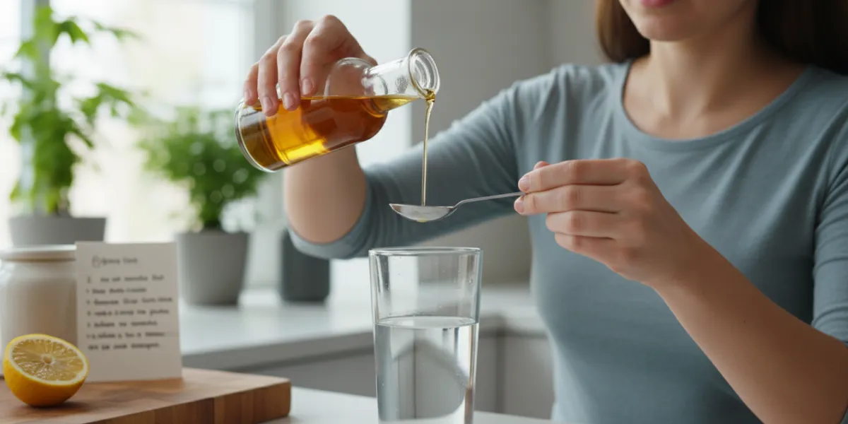 une jeune femme verse du vinaigre de cidre dans une cuillère afin de mesurer avant de le mettre dans