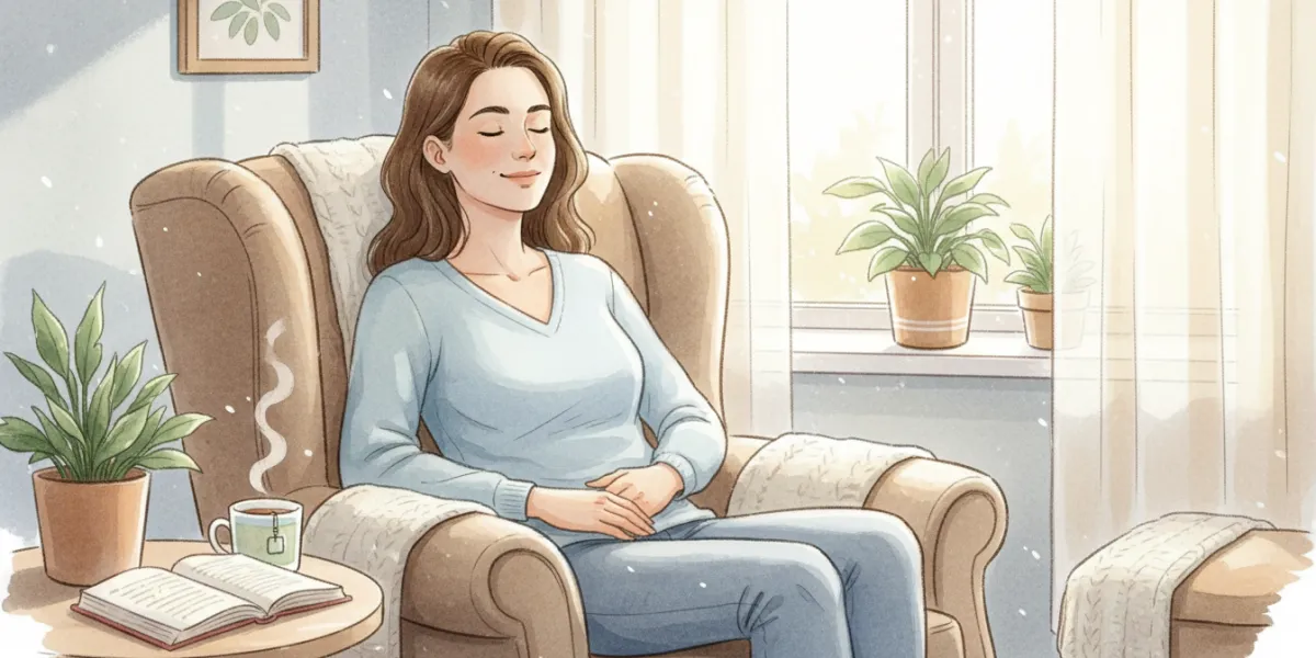 Une illustration de style aquarelle numérique et doux. Une femme d'une trentaine d'années est assise