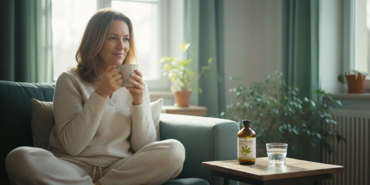 Une femme d'une quarantaine d'années, souriante et visiblement apaisée, est assise confortablement s