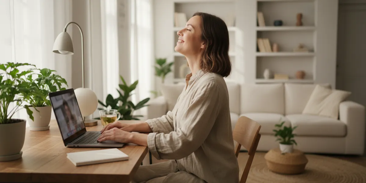 Prompt 1: Une image lumineuse et apaisante d'une femme d'une trentaine d'années en télétravail dans 
