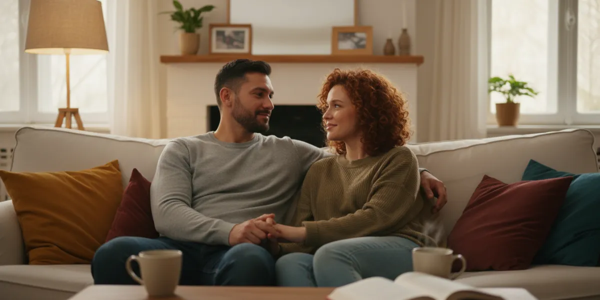 Un couple diversifié (homme et femme dans la trentaine) est assis sur un canapé confortable dans un 