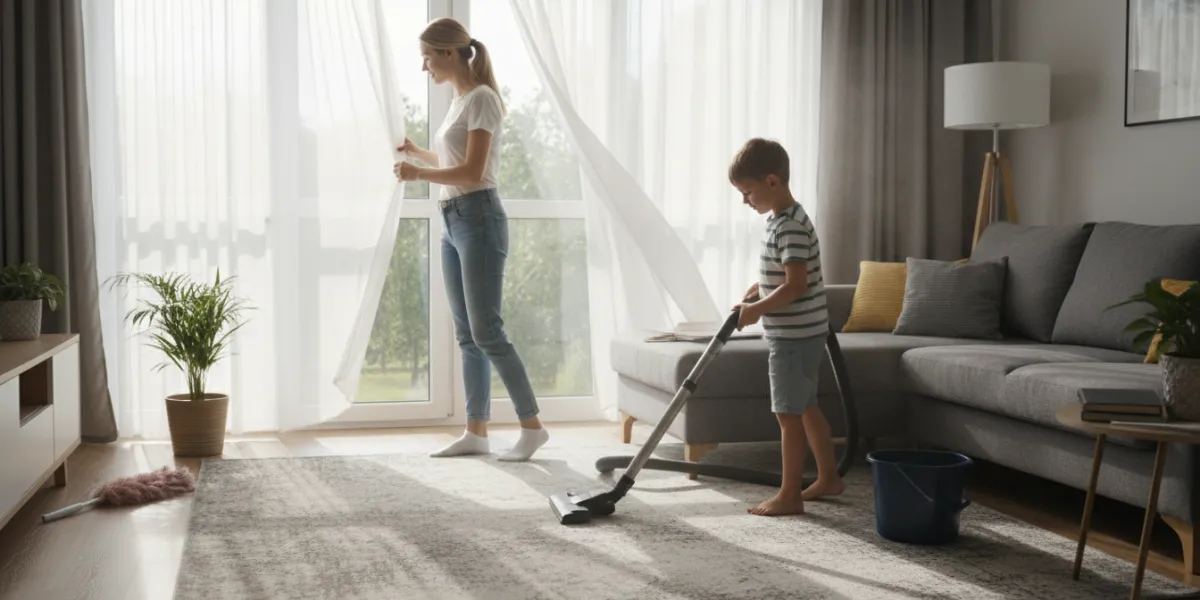 une femme de 30 ans et son fils en train d'aerer un salon et de nettoyer. Le fils passe l'aspirateur