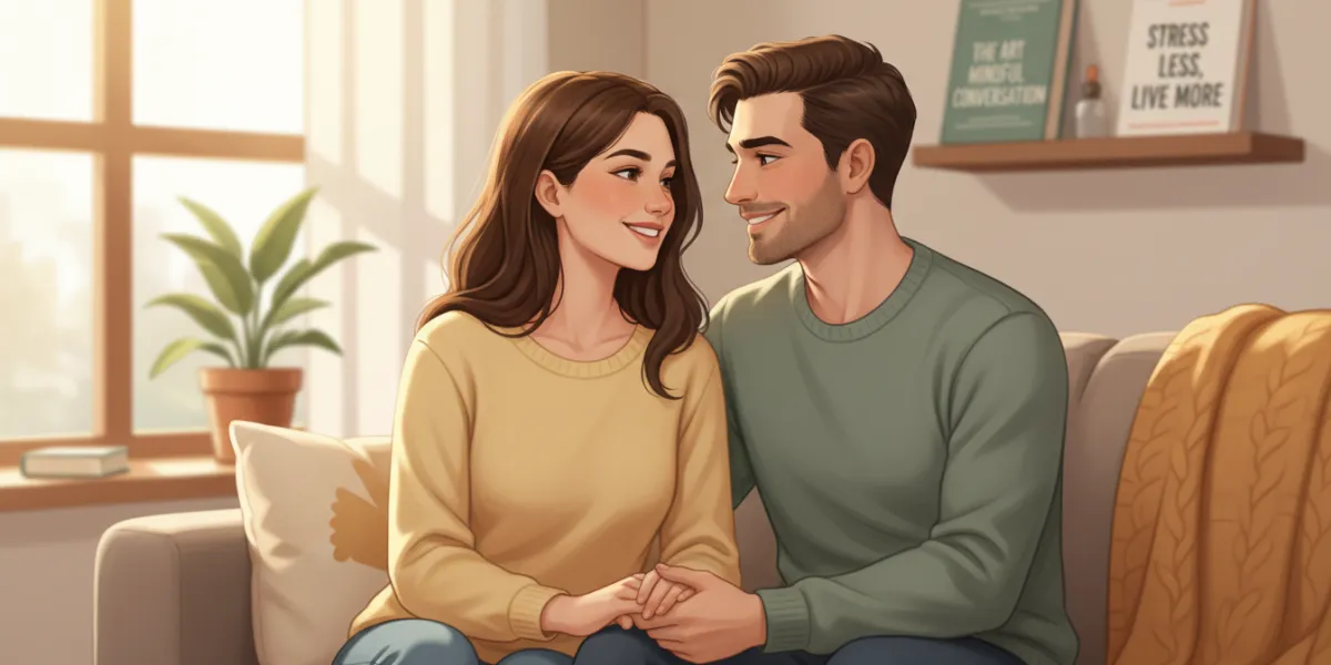 Un jeune couple, homme et femme, est assis dans un salon baigné de lumière naturelle, se tenant la m