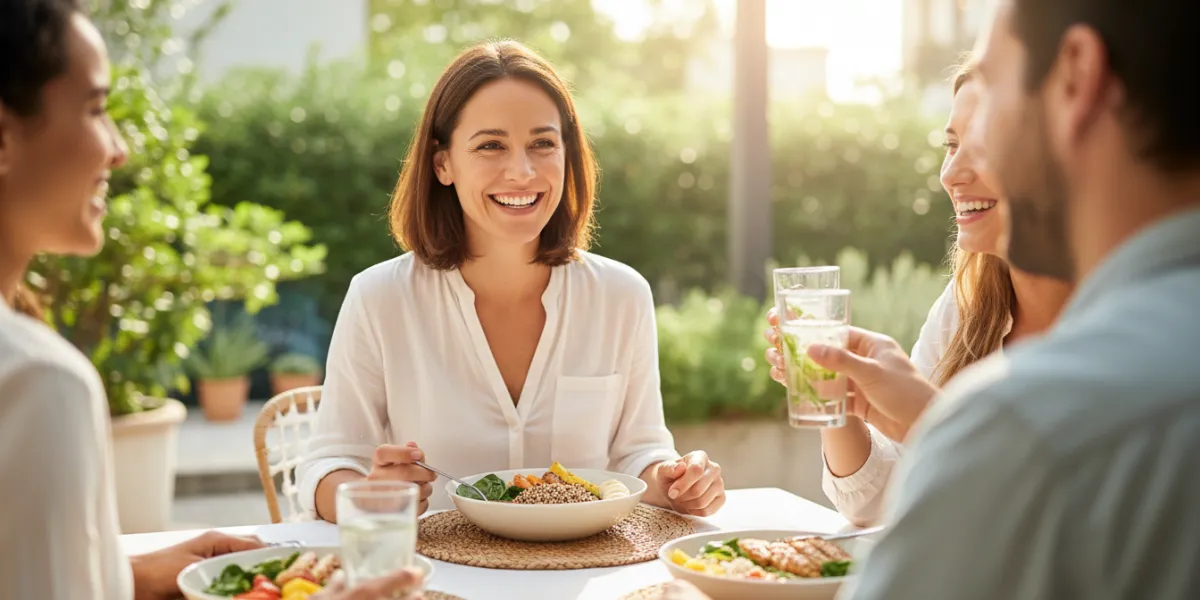 Une scène de vie quotidienne lumineuse et chaleureuse. Une femme de 35 ans, souriante et détendue, d