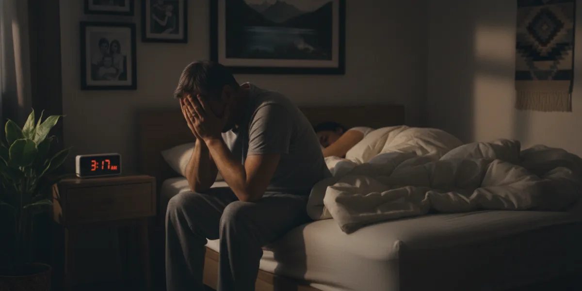 A photograph of an exhausted married man in his 40s sitting on the edge of his bed in the middle of 