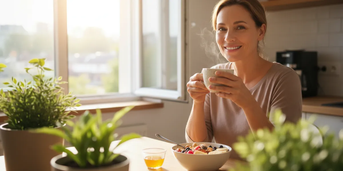Une scène de vie quotidienne lumineuse et positive. Une femme d'une quarantaine d'années, souriante 