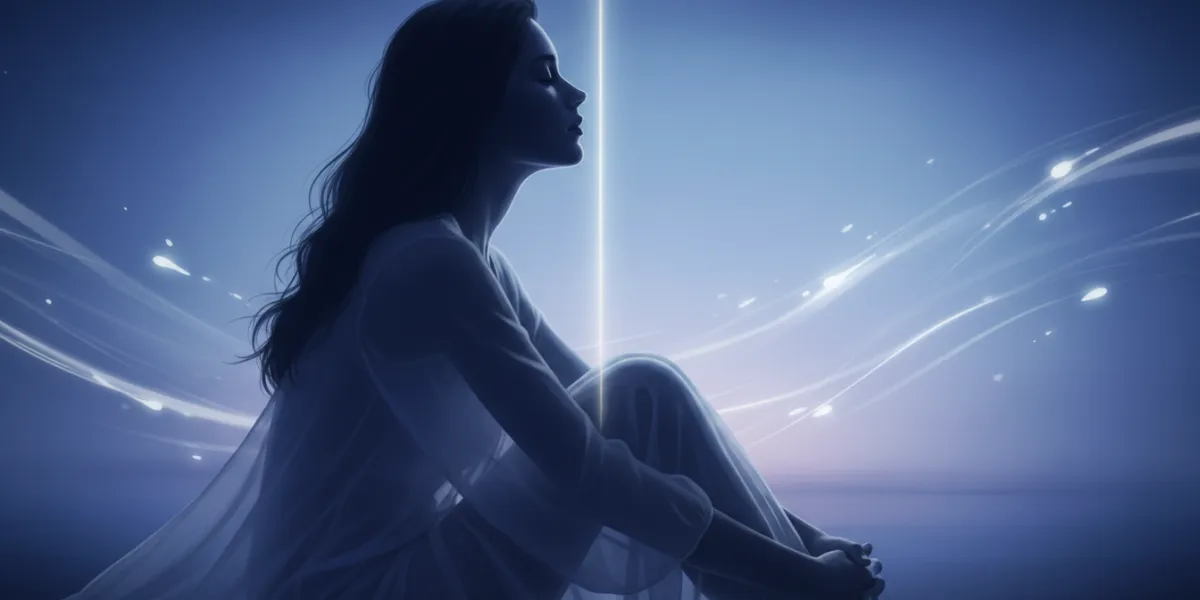 Une silhouette féminine assise dans une douce pénombre, sa tête légèrement inclinée dans un geste d'