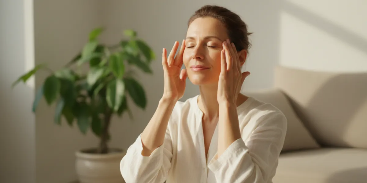 Photo réaliste lumineuse d'une femme d'une quarantaine d'années, rayonnante, pratiquant un automassa
