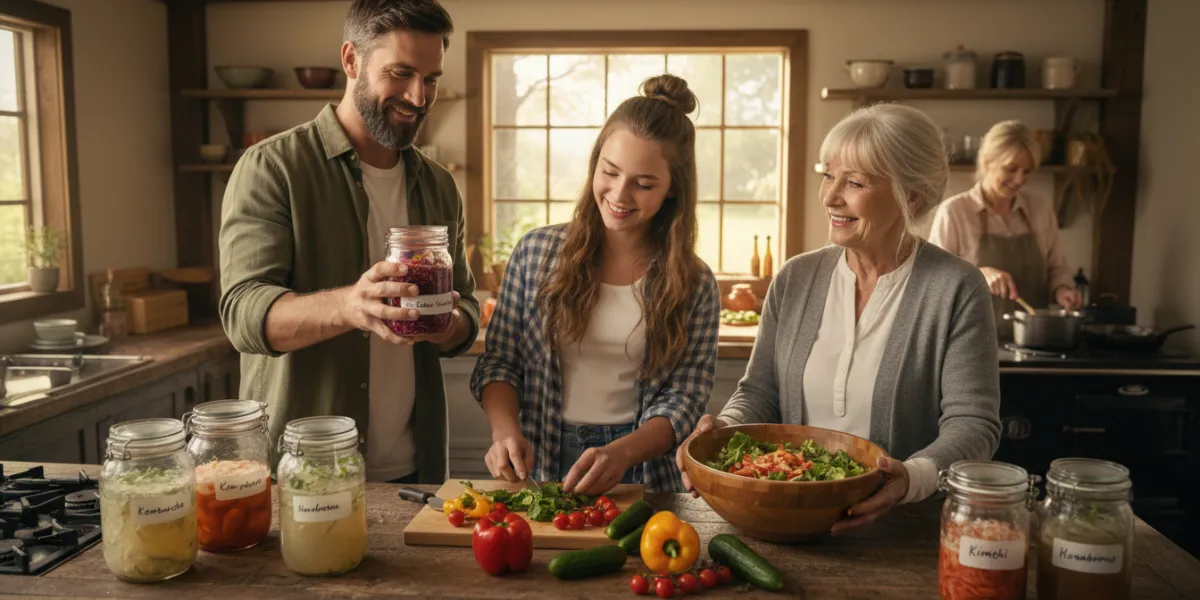A heartwarming photo of a multi-generational family (parents, teenager, grandmother) in a rustic kit