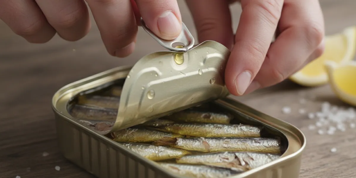gros plan de mains en train d'ouvrir une boite de sardines