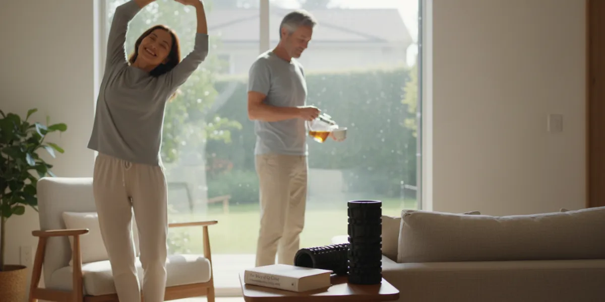 A bright, sunlit morning scene in a modern, cozy living room. A healthy couple in their 50s is enjoy