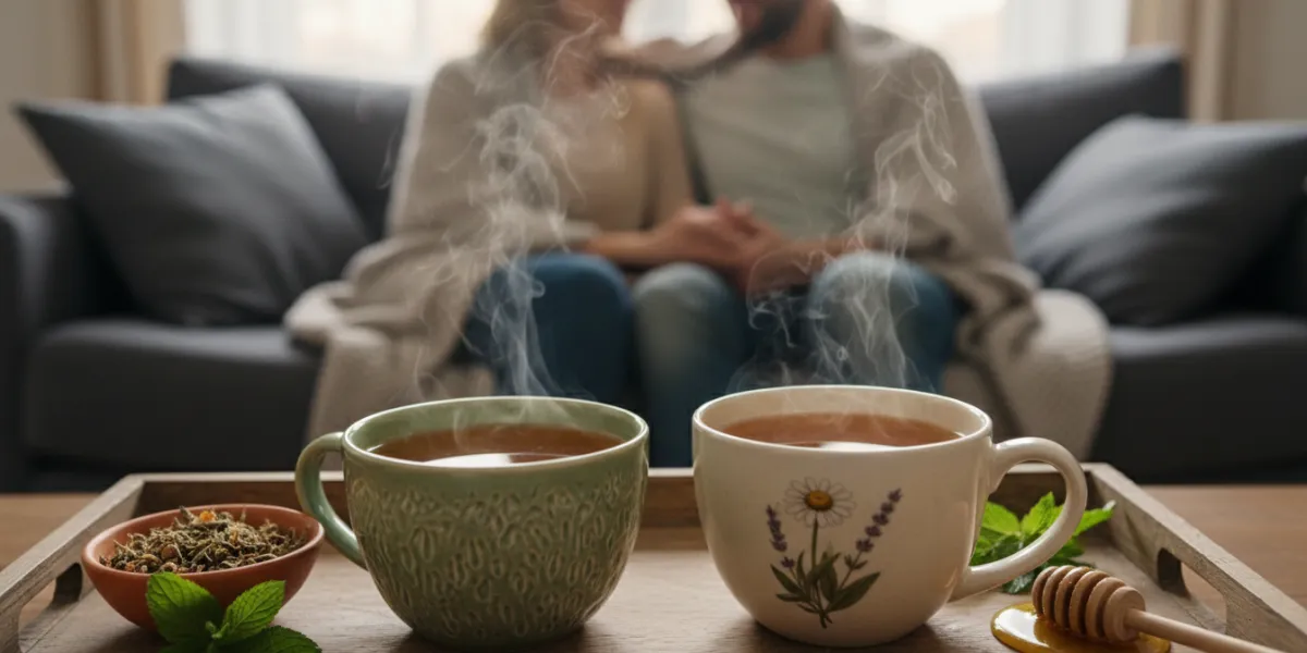 Un gros plan esthétique  deux tasses de thé, suggérant une solution apaisante et naturelle. en arriè