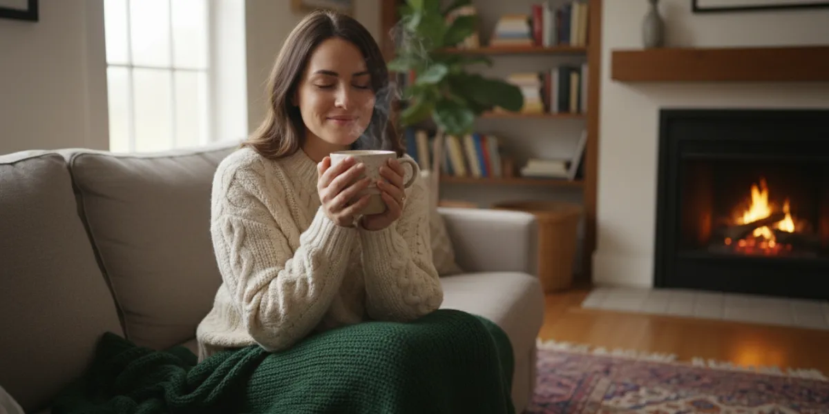 Une femme dans son salon. Elle est porte un pull en laine tricotée et a les deux mains sur un mug de