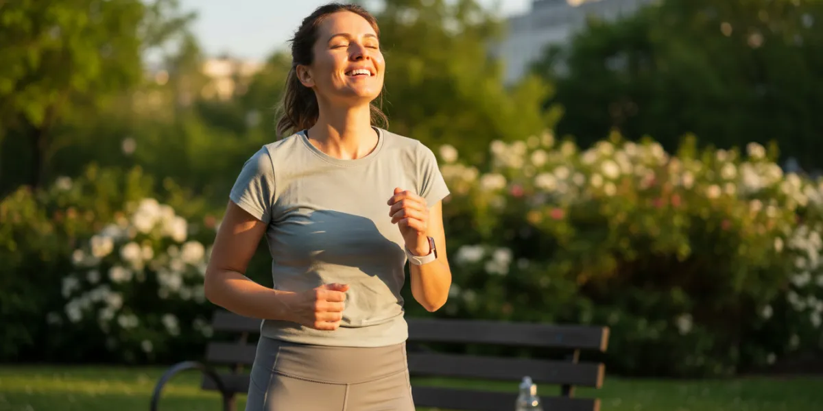 A bright, candid lifestyle photography shot for a health blog. A happy, energetic woman in her 30s, 