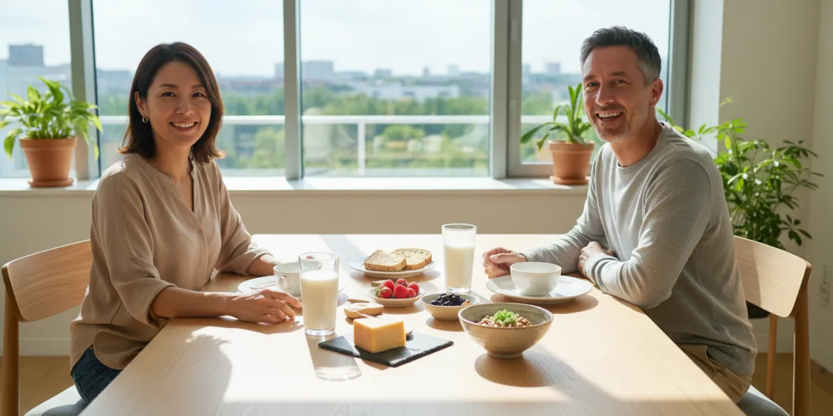 Prompt 1: Une scène de petit-déjeuner lumineux et moderne. Un couple la quarantaine sourit joyeuseme