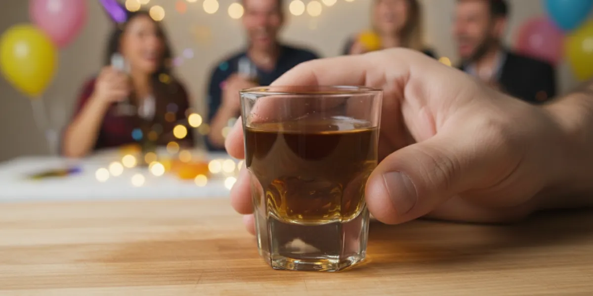 Gros plan (macro) sur un shot d'alcool fort, le liquide de couleur or intense remplissant un petit v