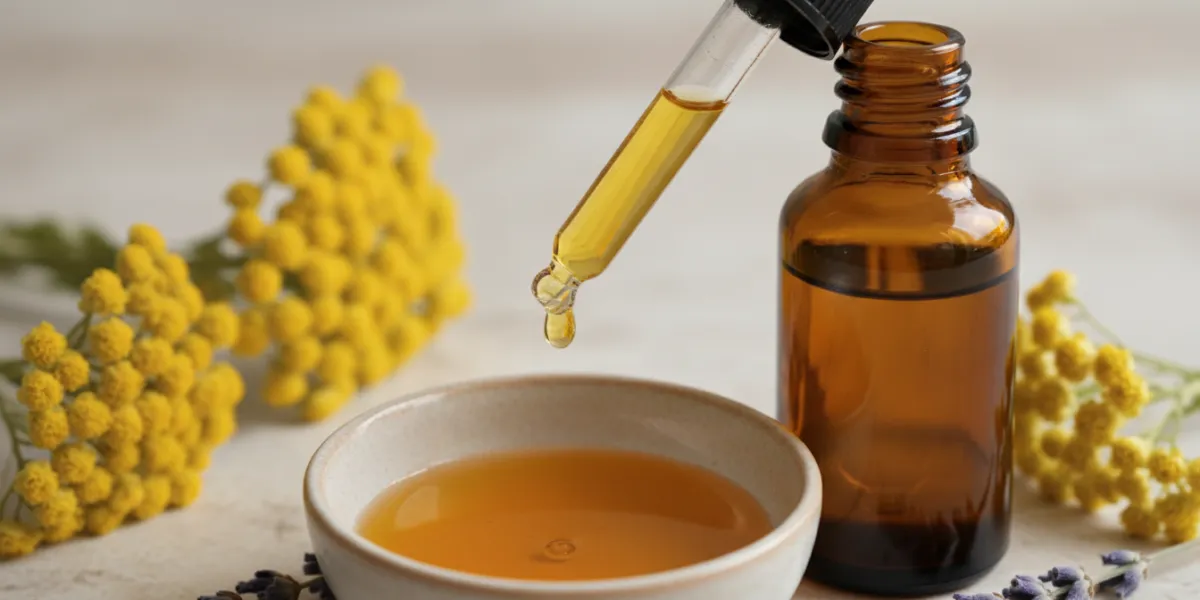 Photographie macro haute définition, style apothicaire de luxe et spa. Au premier plan, un flacon co