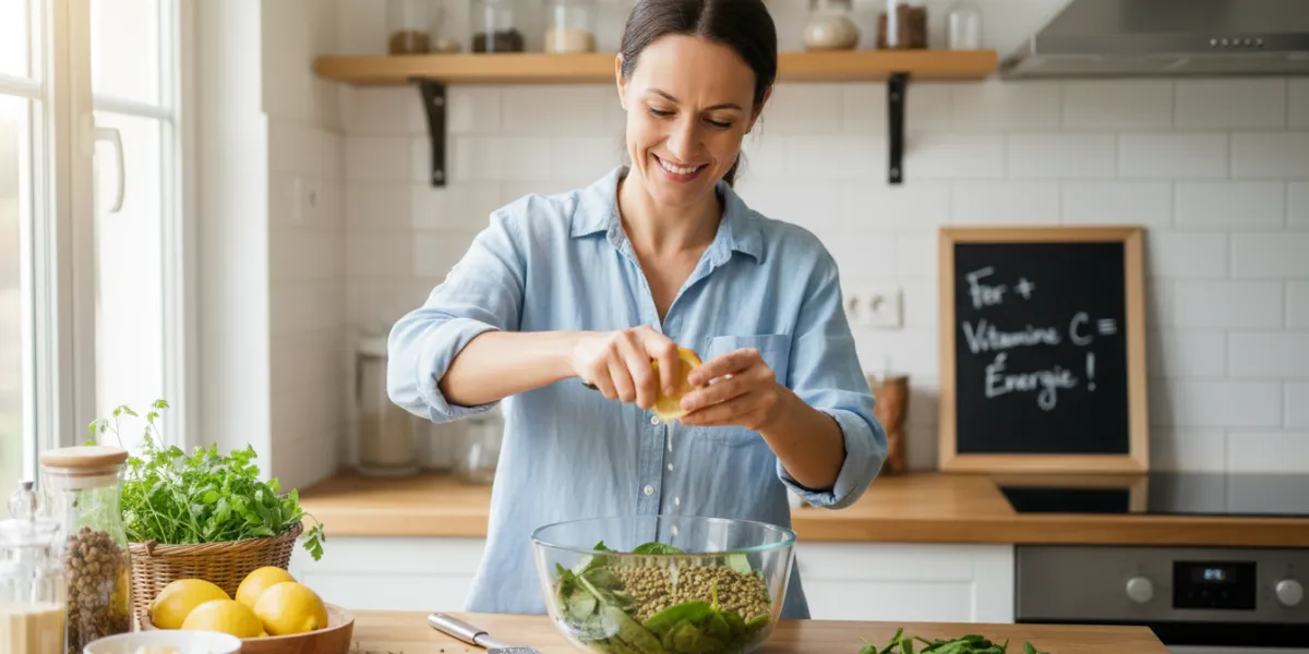 Prompt 1: Une femme souriante, d'environ 30 ans, dans une cuisine lumineuse, prépare un plat. Elle t