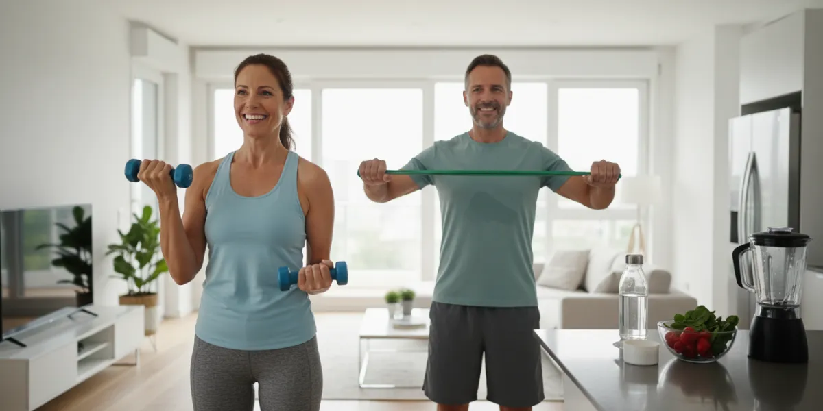 Prompt 1: Une image lumineuse et dynamique montrant une femme et un homme d'une quarantaine d'années