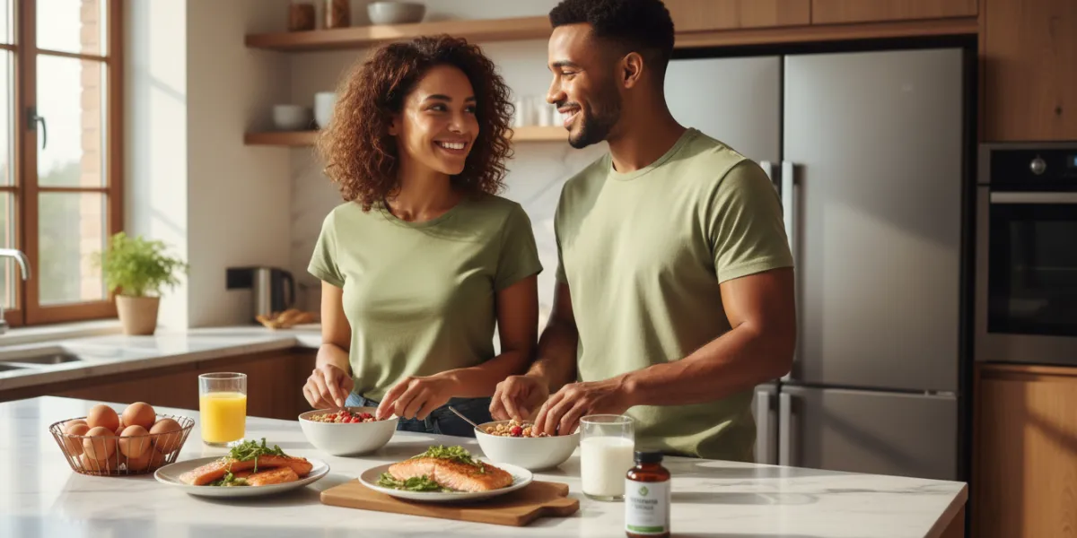 Prompt 1: Une scène de vie quotidienne lumineuse et joyeuse dans une cuisine moderne. Une jeune femm