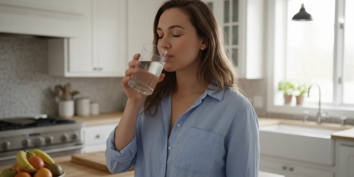 une jeune femme dans sa cuisine en train de boire un verre d'eau

Modifications: un plan serré