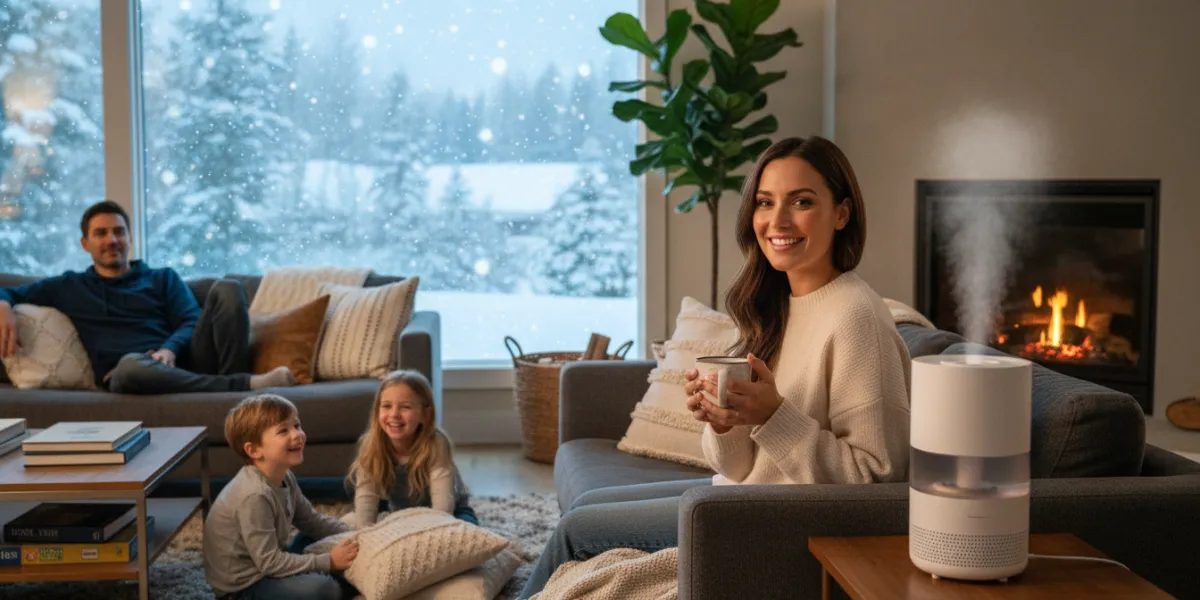 A candid lifestyle photograph of a healthy, happy family in a cozy living room during winter. The at