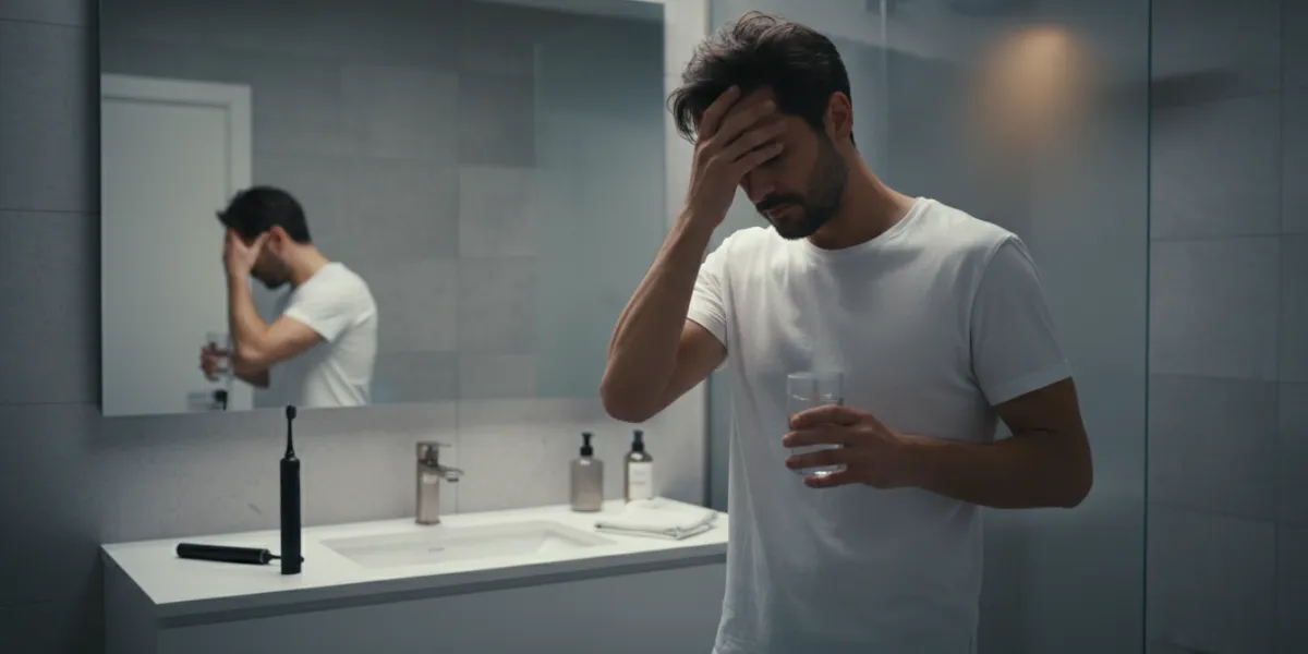 un homme dans sa salle de bain en plan moyen. Il porte un t-shirt blanc. Il a une main sur le front 