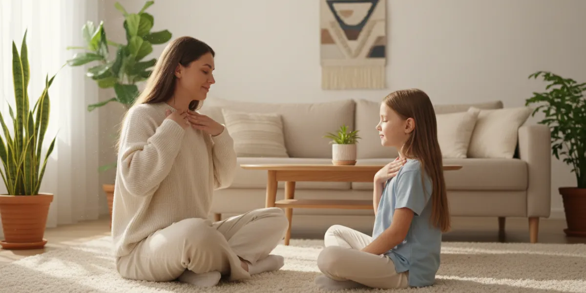 Dans un salon lumineux et chaleureux (tons beige, bois, plantes vertes), une mère (ou un père) est a