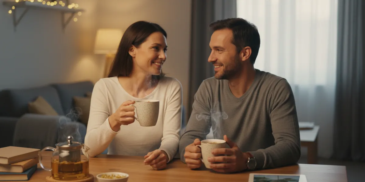 Prompt 2: Un couple (30-40 ans) souriant est assis à une table de cuisine ou de salon, profitant d'u