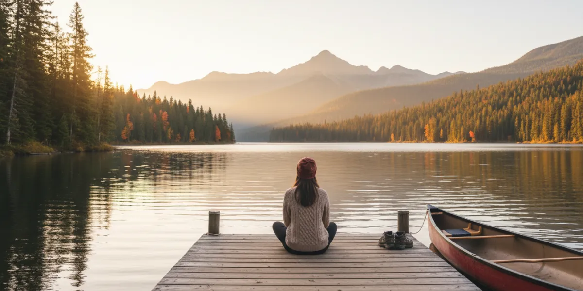 une femme assise en tailleur sur un ponton au bord d'un lac. on la voit de dos. On est au canada