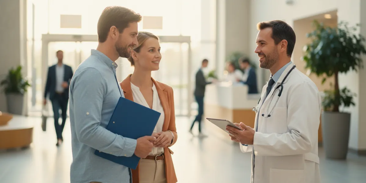 Photographie réaliste et lumineuse d'une scène de vie quotidienne dans un hall d'accueil d'hôpital m