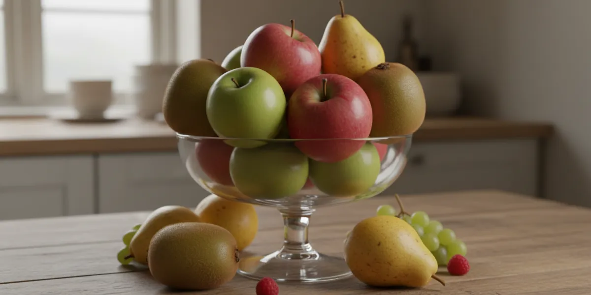 sur une table de cuisine en bois, gros plan sur un compotier avec des fruits, avec entre autres des 
