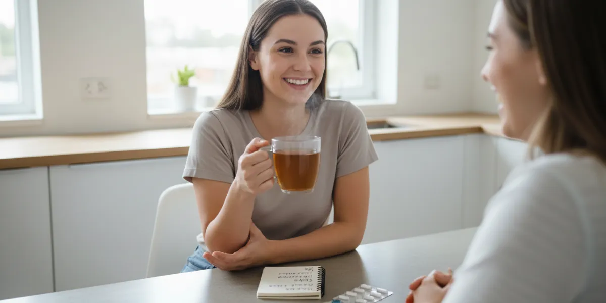 Une jeune femme est assise à une table de cuisine moderne, buvant une tisane et discutant joyeusemen