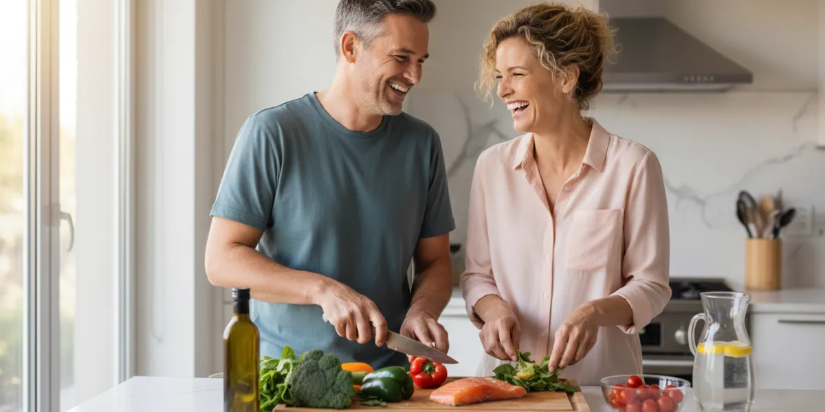 A candid lifestyle photography shot of a happy, healthy couple in their 40s in a modern, sun-drenche