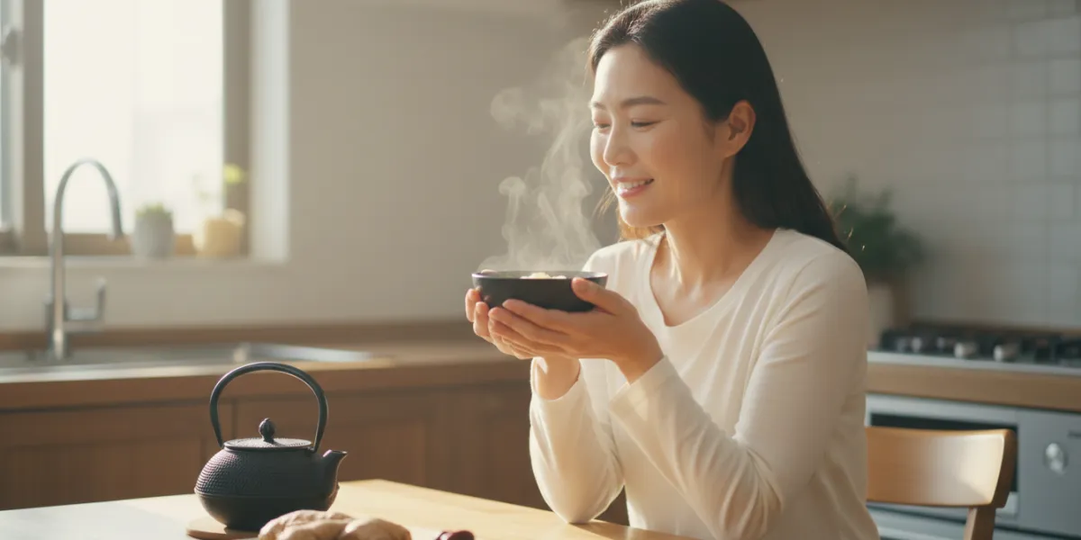 Photographie lumineuse et naturelle d'une femme de 35-40 ans dans une cuisine moderne et chaleureuse