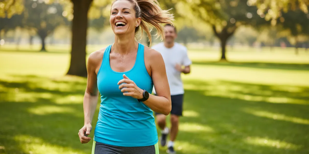 A candid, vibrant lifestyle photograph of a woman in her 40s, looking energized and genuinely happy,