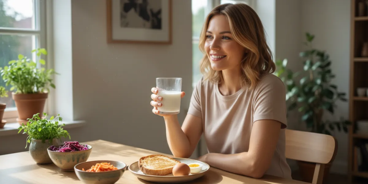 Prompt 1: Une scène matinale chaleureuse et lumineuse. Une femme (ou un homme) souriante et sereine 