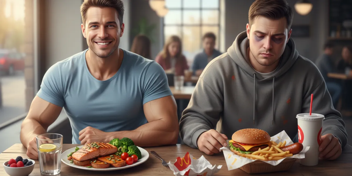 deux hommes autour d'une table. L'un est plein de santé, devant lui une assiette santé avec des coul