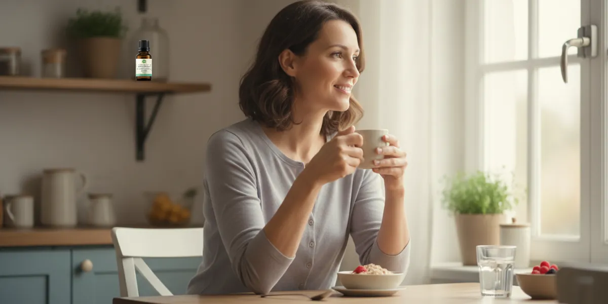 Prompt 1: Illustrer une femme souriante, d'environ 35 ans, assise à une table de cuisine lumineuse, 