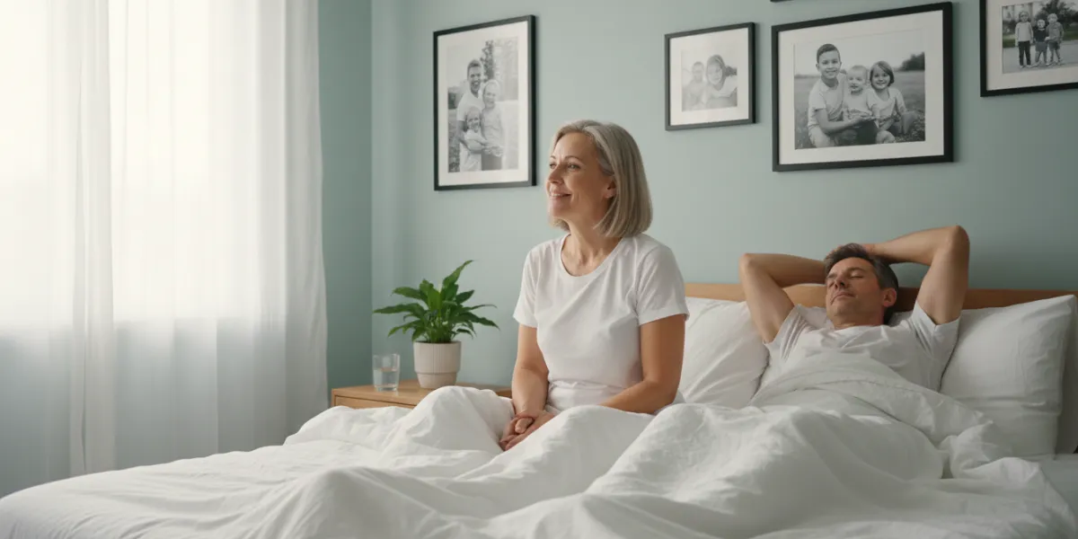 Une femme d'âge mûr, ayant réussi à réguler ses sueurs nocturnes, se réveille souriante et sereine d